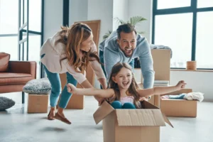 family organizing and decluttering home before moving day