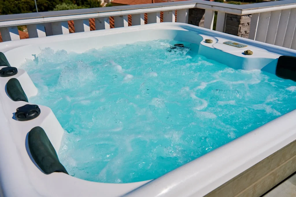 Current image: hot tub being moved with straps and dollies by professional movers